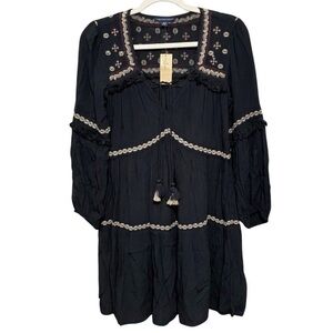 American Eagle Tiered Peasant Dress Size XS Black Embroidered Tassels Boho